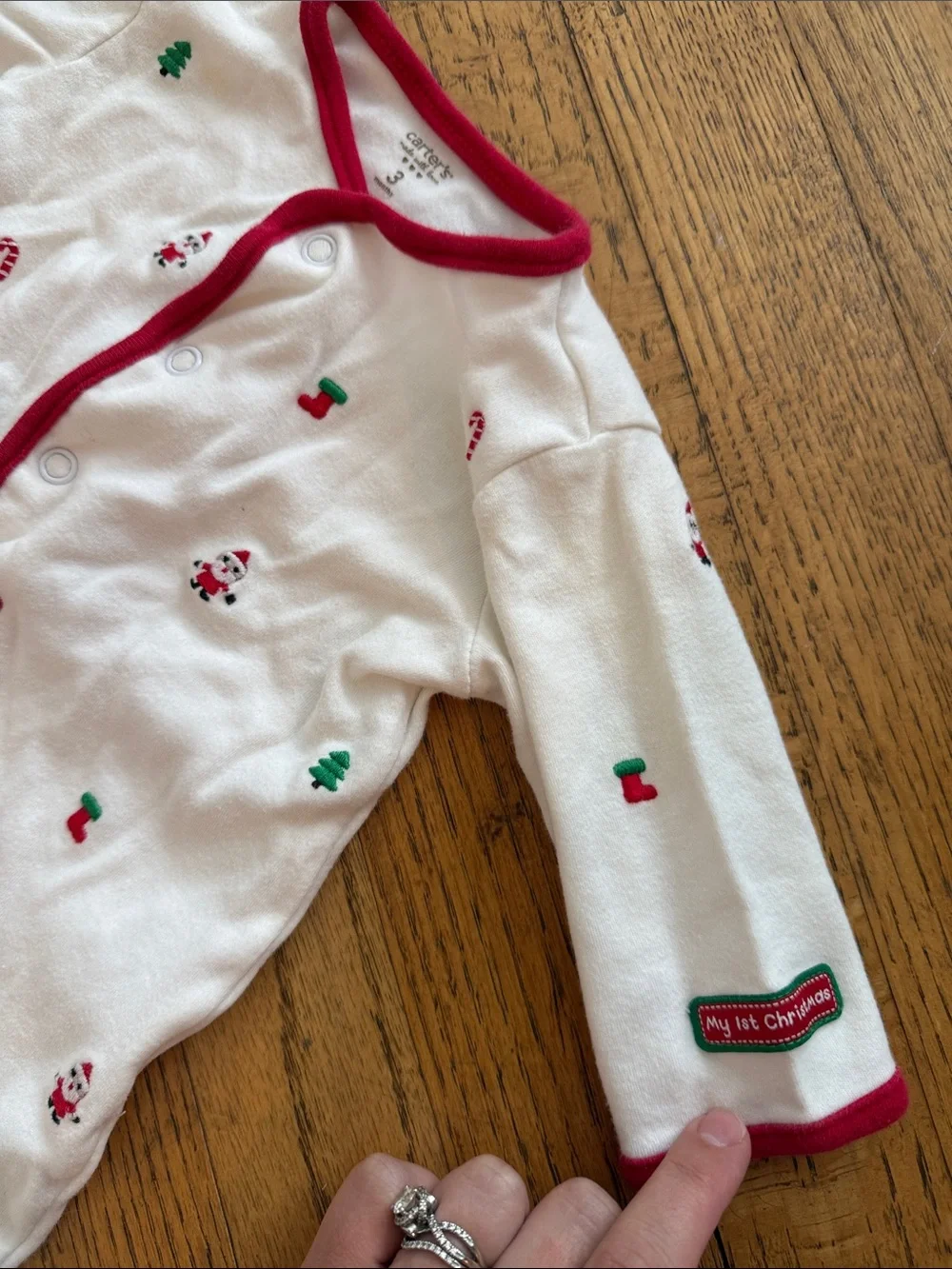 Carter's Vintage White & Red Trim Holiday Christmas Footed One-Piece Footie 3M